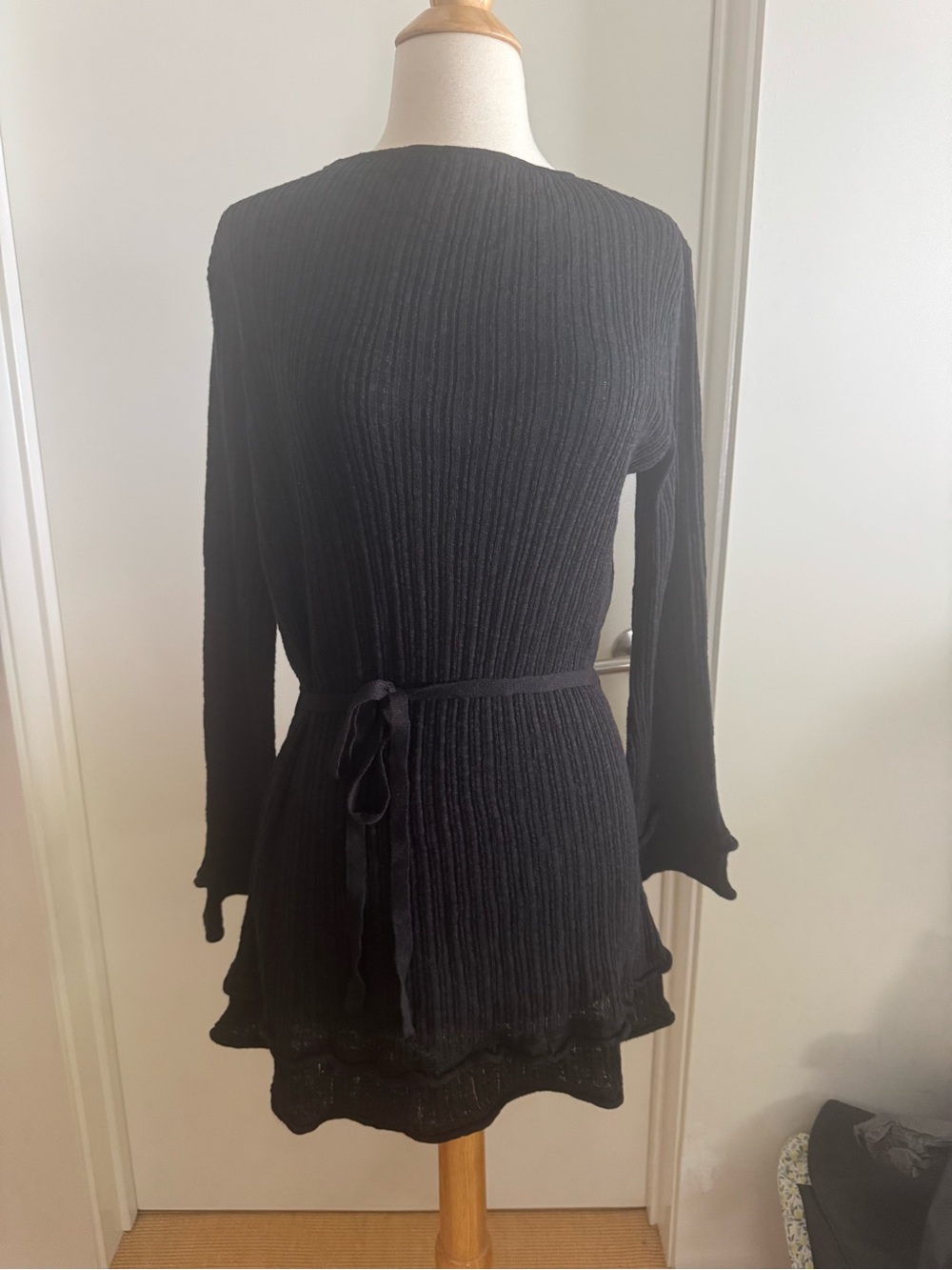 DISSH Black Ribbed Knit Mini Dress with Tie-Waist